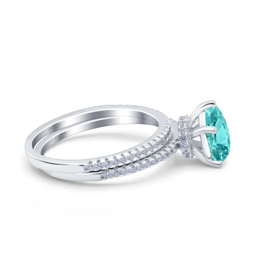 Two Piece Art Deco Pear Engagement Bridal Ring Band Simulated Paraiba Tourmaline CZ 925 Sterling Silver